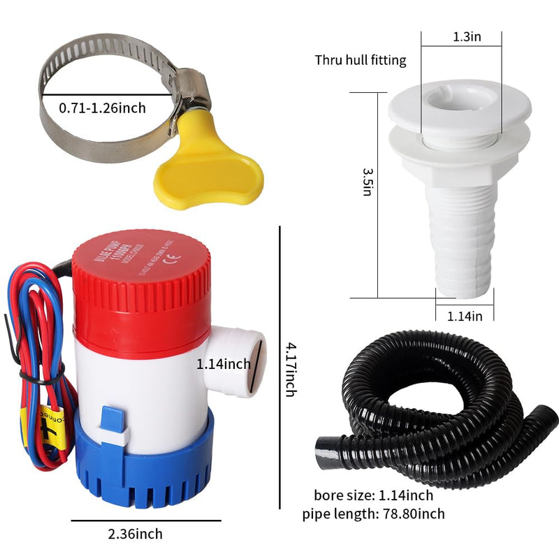 12v 1100GPH Boat Bilge Water Pump, 1-1/8 Inch Dia Boat Bilge Pump Hose Kit, 6.5 FT Kink-Free PVC Hose, 2 Stainless Steel Hose Clamps & ABS Thru-Hull Fitting, for Boats, Yachts and RVs Manual Bilge Pump+Hose Kit