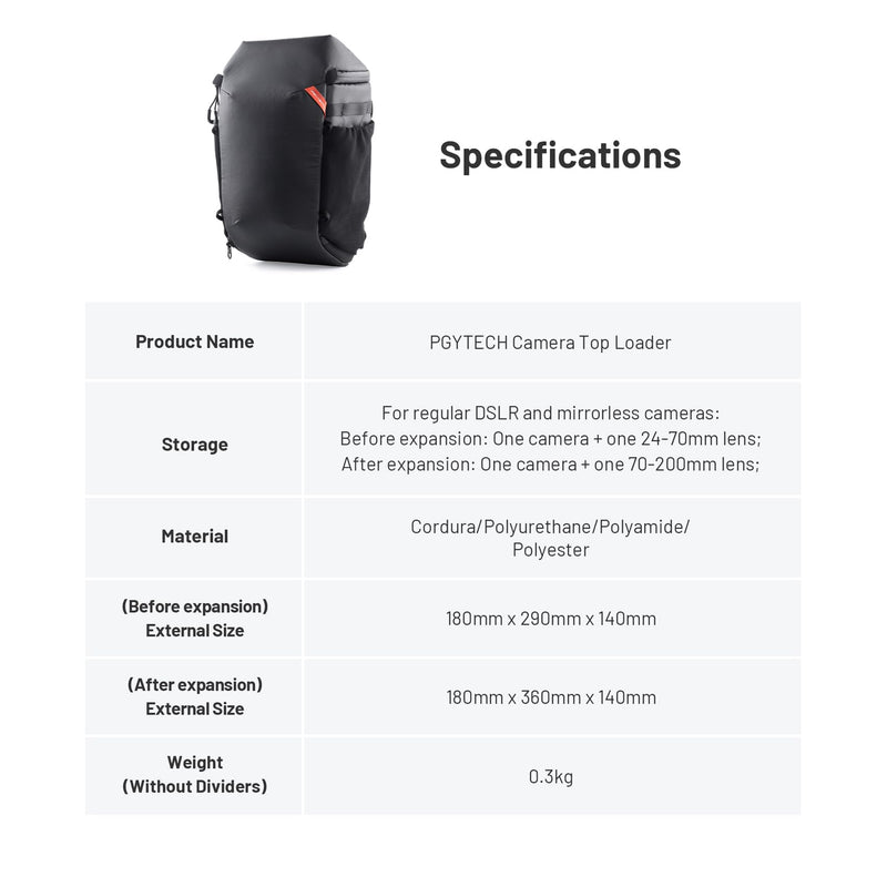 PGYTECH Camera Top Loader for DSLR/SLR/Mirrorless Cameras and Lenses | Adjustable Shoulder Strap, Expandable Organizing Pockets for Nikon/Canon/Sony Mirrorless Cameras, Waterproof