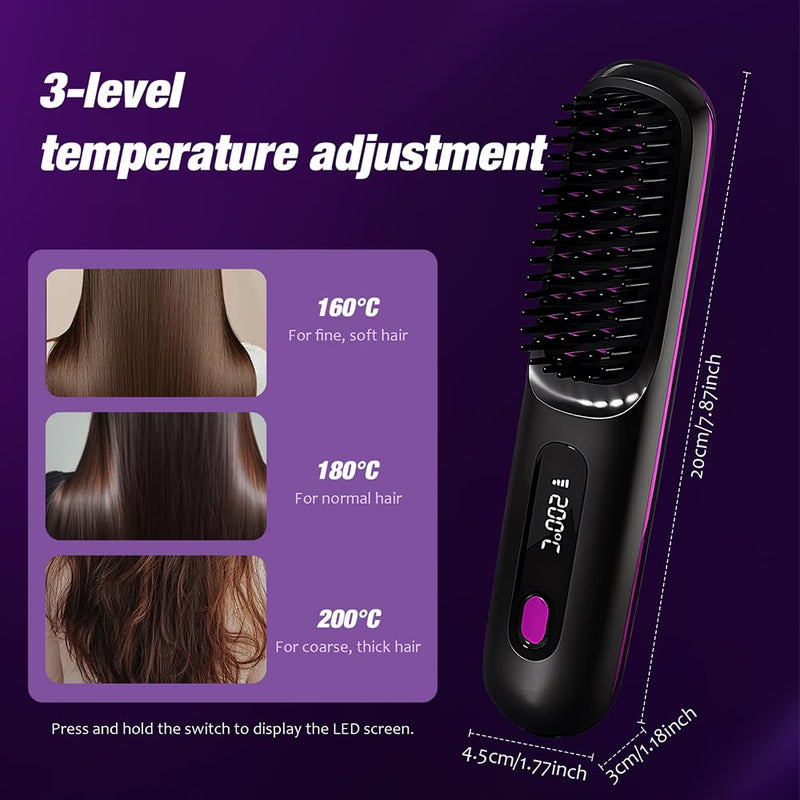 GlowWave Heated Brush, 2026 Cordless Hair Straightener Brush, 3 Heat Settings & LED Screen Glowcept Heated Brush, Portable & Rechargeable Heated Styling Brushes for Travel & Everyday Use (Black)
