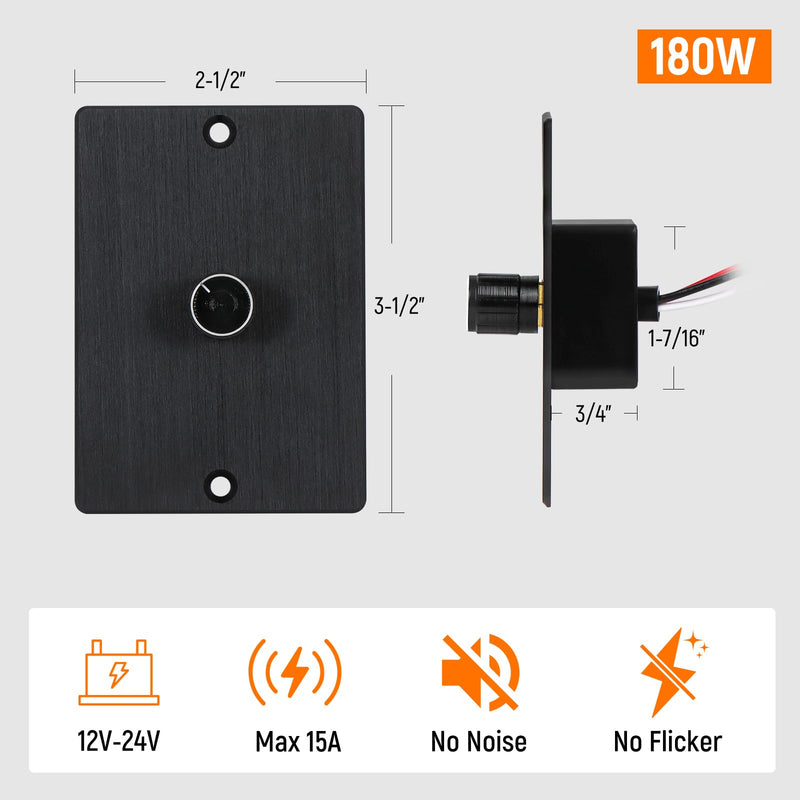 12 Volt PWM LED Dimmer Switch 15A 180W, Push On Off, Rotary Knob Dimming,12V 24V Light Dimmer for RV Boat Truck Camper Van Trailer Light Fixtures, LED Strip Light (Black Panel) Black