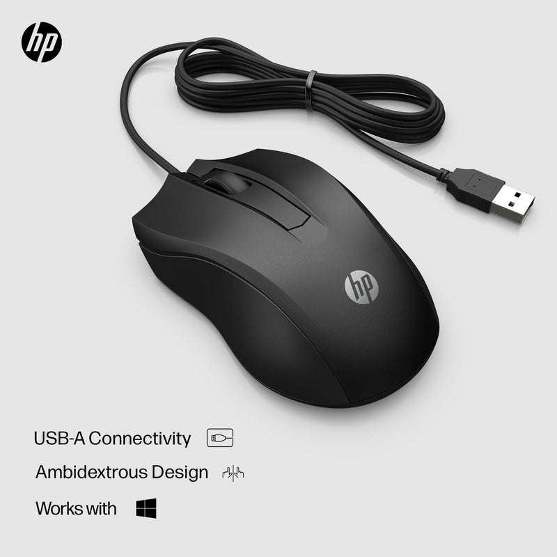 HP Wired Mouse 100 - Precise Optical Sensor with 1600 DPI - Easy USB Connection - Ambidextrous Design - 3 Button Control & Built-in Scrolling - Multi-OS Compatible (6VY96AA#ABL) New