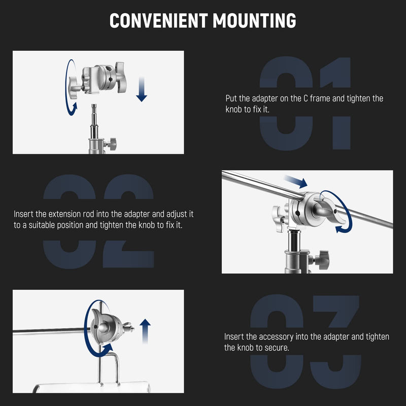 Neewer Multi Functional Heavy Duty 2.5-inch Grip Head Swivel Head Holder Mounting Adapter for Light Stand, Extension Boom Arm and Other Photographic Equipment with 1/2,1/4,3/8,5/8-inch Mount (Silver) ST-C-NAAP(Silver）