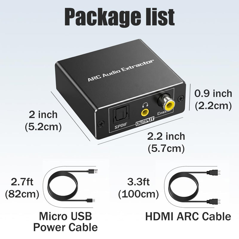 HDMI ARC Audio Converter, ARC to Toslink Optical & 3.5mm AUX Adapter | Connect ARC‑Enabled TV to Soundbar, Amplifier, Speaker and Headphone, TV Remote VOL +/- Non‑Functional During Use Black Optical, AUX, Coaxial