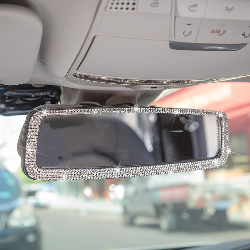 Bling Car Rearview Mirror, Decorations Rear View Mirror with Crystal Rhinestones & Diamonds, Car Interior Trim Accessories, Clip-on & HD Glass, Sparkly Gift for Mother Women Girls (Silver) Silver