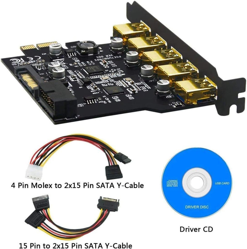 USB 3.0 PCI-E Card,USB 3.2 Gen1PCI Express 5-Ports Card Bandwidth up to 5 Gbps, Extension of 5 USB 3.0 Ports Front Panel for Desktop PC Win 10/8/8.1/7/XP PCI-E to 5USB