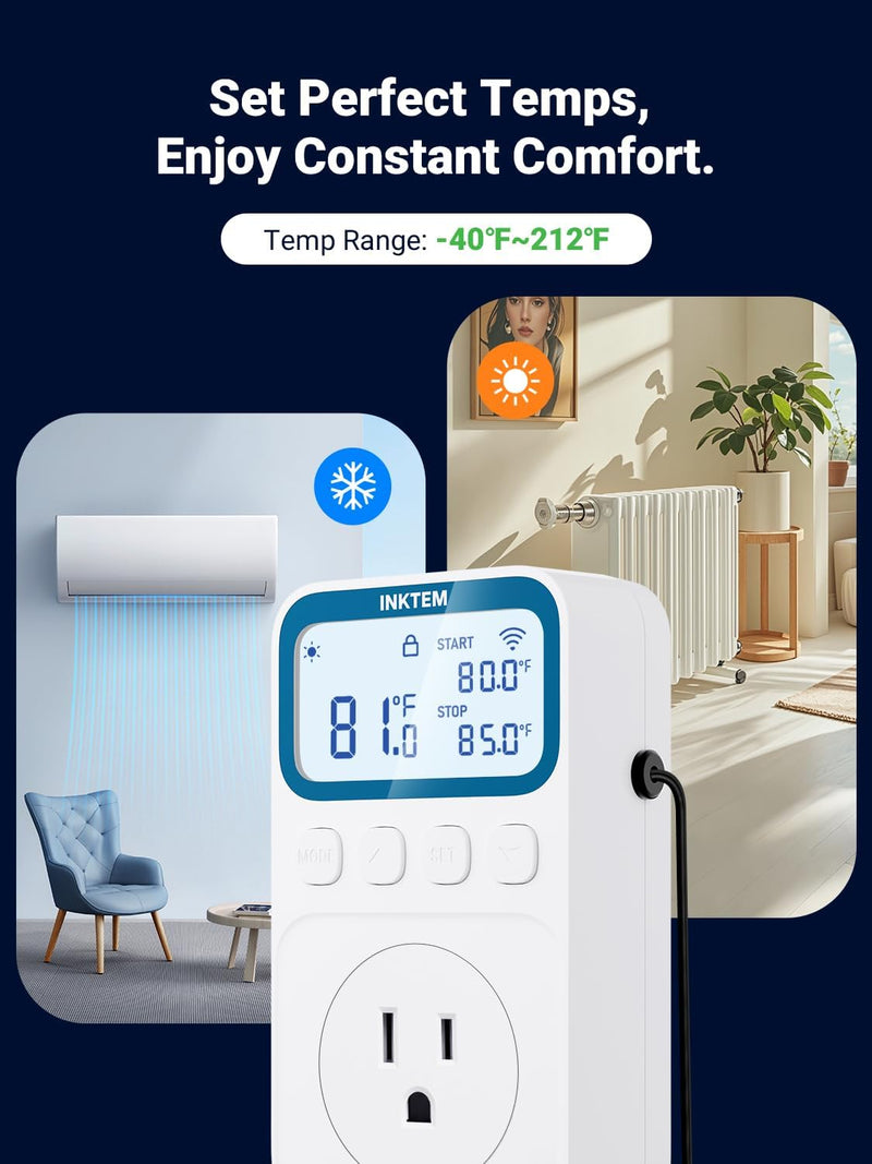WiFi Plug in Thermostat Outlet, Temperature Controlled Outlet with Smart APP, Timer & Memory Digital Temp Controller -40~212℉, IP67 Waterproof Probe for Incubator Homebrew Reptile Space Heater | 16A