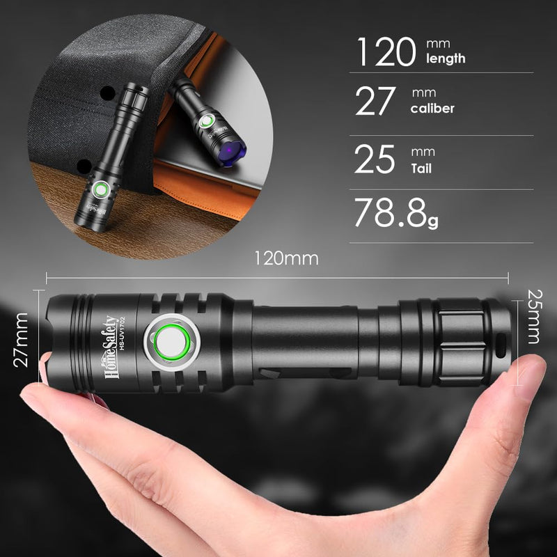 Home Safety 1702 365nm UV Flashlight Blacklight, High Power LED USB -C Rechargeable, Mini Portable Black Light for for Pet Urine Finding & Mineral, Antique Detection, Scorpion Search, etc 1702_UV 365nm