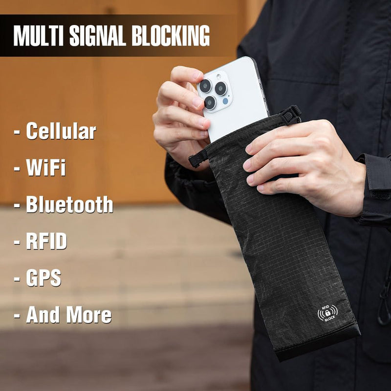 RFID Blocking Phone Pouch,5 RFID Card Sleeves &1 Tool Card Carabiner, Blue | Made of lightweight nylon, it blocks GPS signals to prevent tracking and data theft for privacy protection.