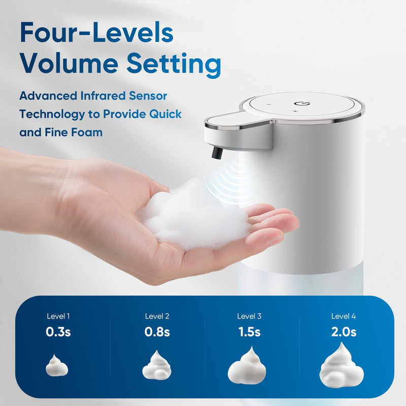 Automatic Soap Dispenser Touchless – 400ml Foaming Hand Soap Dispenser for Bathroom & Kitchen, Wall Mount or Countertop, 4 Adjustable Foam Levels, Rechargeable, IPX5 Waterproof White-foaming