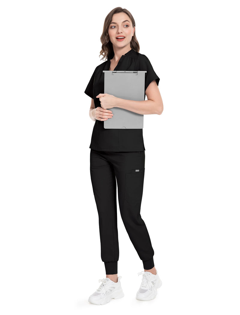niaahinn Women's Scrub Top with Classic V-Neck & Yoga Jogger Pants Medical Nursing Uniform Set Medium Black