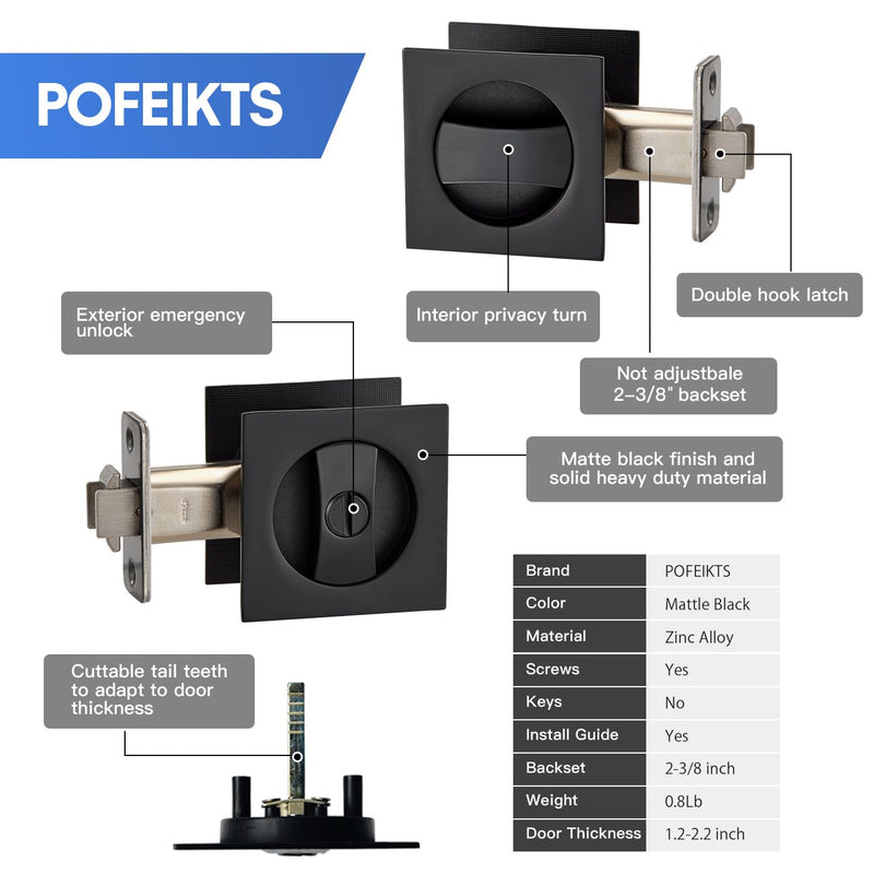 Matte Black Pocket Door Hardware with Privacy Lock & Latch - Contemporary Style for Square Pocket Doors(1 Pack, No Pull)