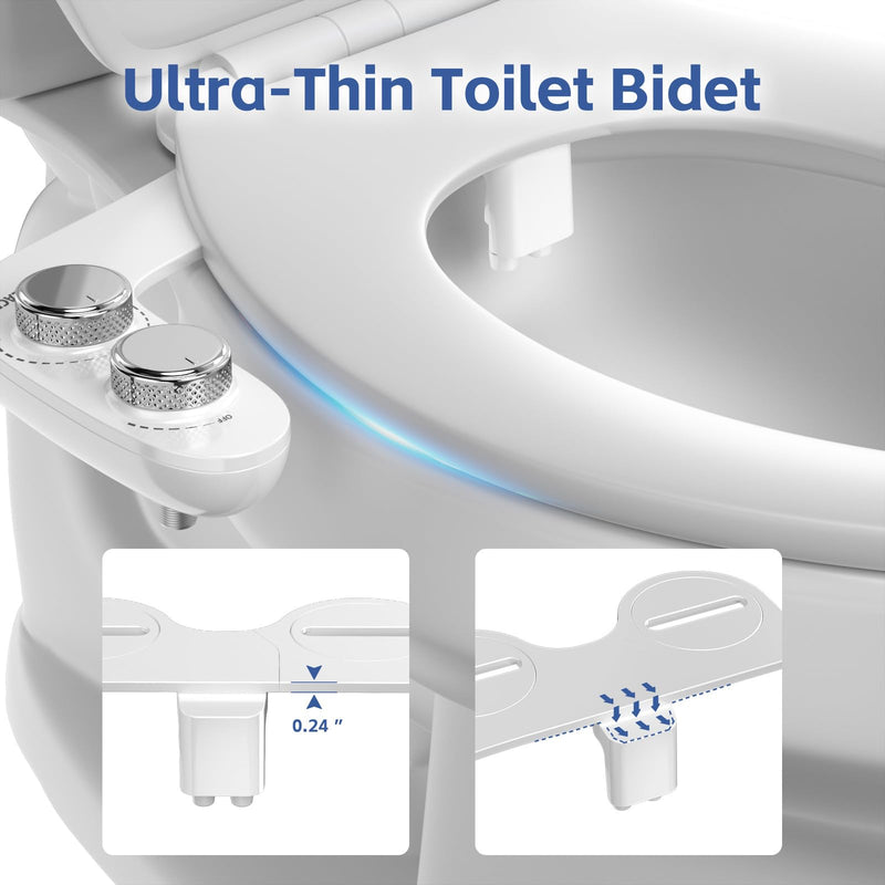 WATERLACE Bidet Attachment for Toilet Seat Water Pressure - Non Electric Bidets Self Cleaning Sprayer - Dual Nozzle Bidet Attachments Toilets Spray - Adjustable Bidets Wash Butt Cleaner for Bathroom White