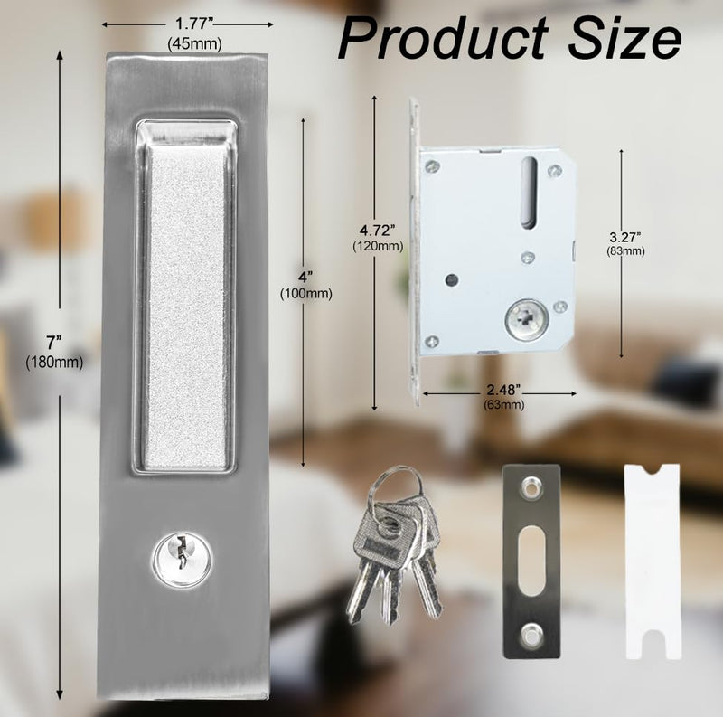 Pocket Door Lock with Key Privacy Pocket Door Handle Hardware with Lock for Bathroom Bedroom Invisible Rectangular Edge Pull Furniture Hardware(Brushed Sliver, 7 Inch) Brushed Nickel