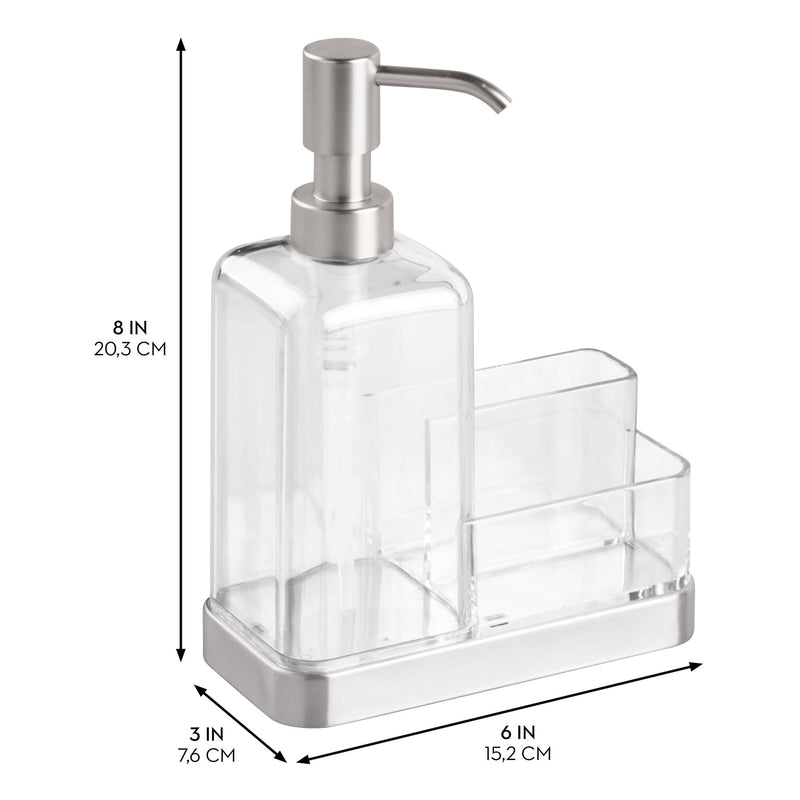 iDesign 67080 Forma Plastic Soap Pump with Caddy, Dispenser with Storage Compartment for Bathroom, Kitchen Countertops, Sinks, Set of 1, Stainless Clear/Brushed Ss