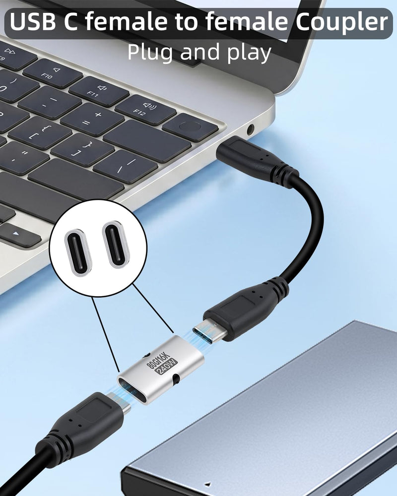 80Gbps USB C Female to Female Coupler Adapter 16K 240W | 80Gbps data & 16K video, 240W PD 3.1 fast charge, mini coupler aluminum design, universal for laptop phone, 5-pack