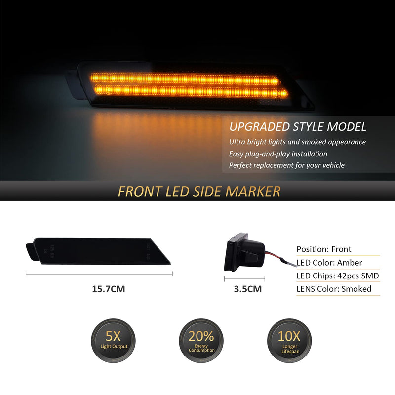 D-Lumina Chevy Camaro Side Marker Lights Smoked Lens for Camaro 2010 2011 2012 2013 2014 2015, Amber Front Bumper Marker Light Tinted Side Reflector, OEM Replacement Plug N Play, Pack of 2