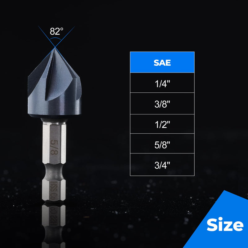 toolant Noir-Ti Cobalt Countersink Drill Bit Set(Pro), Titanium Aluminum Nitride Coated with Quick Change Hex Shank, 5-Piece 1/4" - 3/4" 1/4 - 3/4 in, 5 Pieces