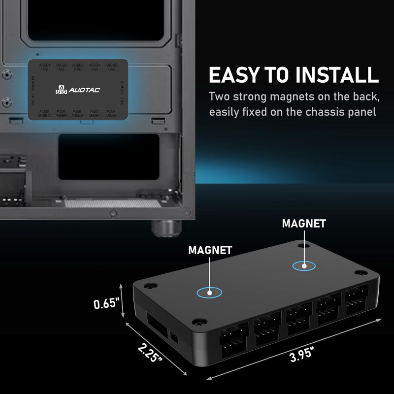 ARGB PWM Fan Hub with RF Remote Controller for PC Build, (Connect Ten Case Fans, 5V 3Pin ARGB & 12V 4Pin PWM Fan Connector, Stable Dual SATA Power Input, Magnetic Suction), Black