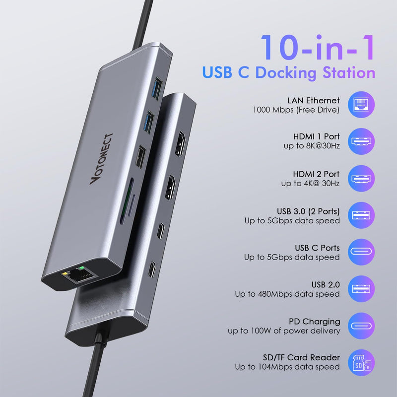 10-in-1 USB C Hub with 4K HDMI Adapter, SD/TF Card Reader, 100W PD Charging, 2 USB 3.0 Ports, and 2 usb2.0 Ports for MacBook Pro/Air, Dell XPS, Lenovo ThinkPad, etc. (8K HDMI Docking station) 8K HDMI Docking station