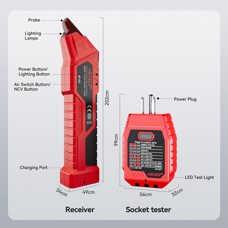 NF-827S Circuit Breaker Locator, GFCI Outlet Tester, Circuit Breaker Finder Tool, 90-120V AC Digital Circuit Finder with NCV Testing and Flashlight, Includes Carrying Case and Adapters