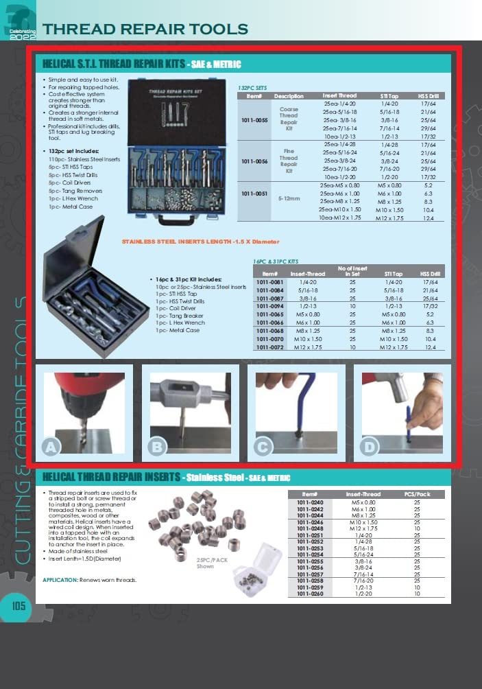HHIP 1011-0068 31 Piece M8 x 1.25 Helical STI Thread Repair Kit M8 X 1.25 31 Pc. Kit Thread Repair Kit - Metric