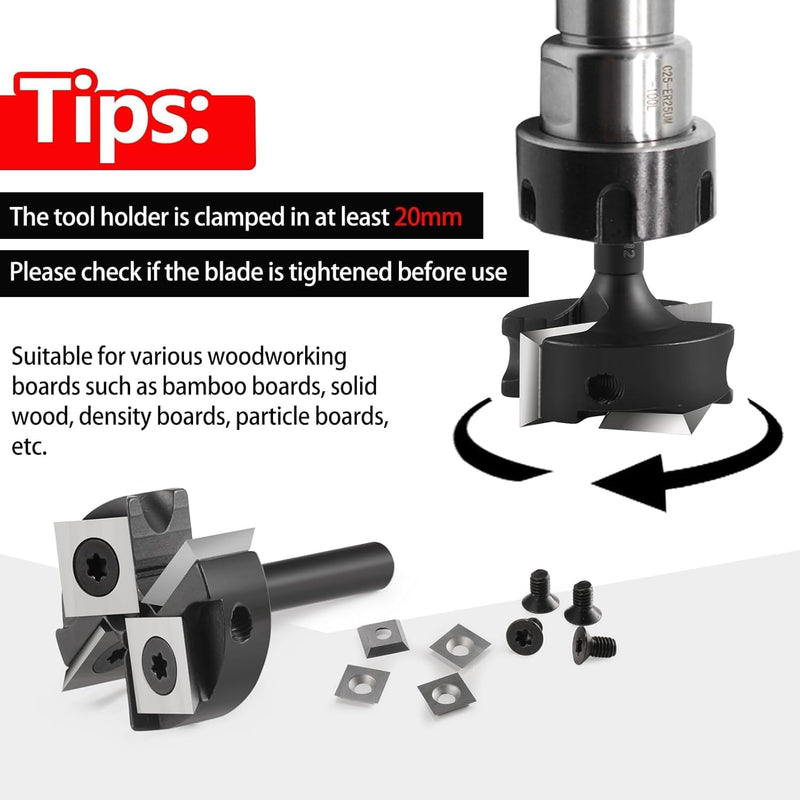 CNC Spoilboard Surfacing Router Bit 1/2" Shank,Carbide Insert Surfacing Router Bit with 2" Cutting Diameter, 2+2 Slab Flattening Router Bits with 10 PCS Indexable Insert(14x14x2mm for Flycutter 2" Dia 2+2 T Type