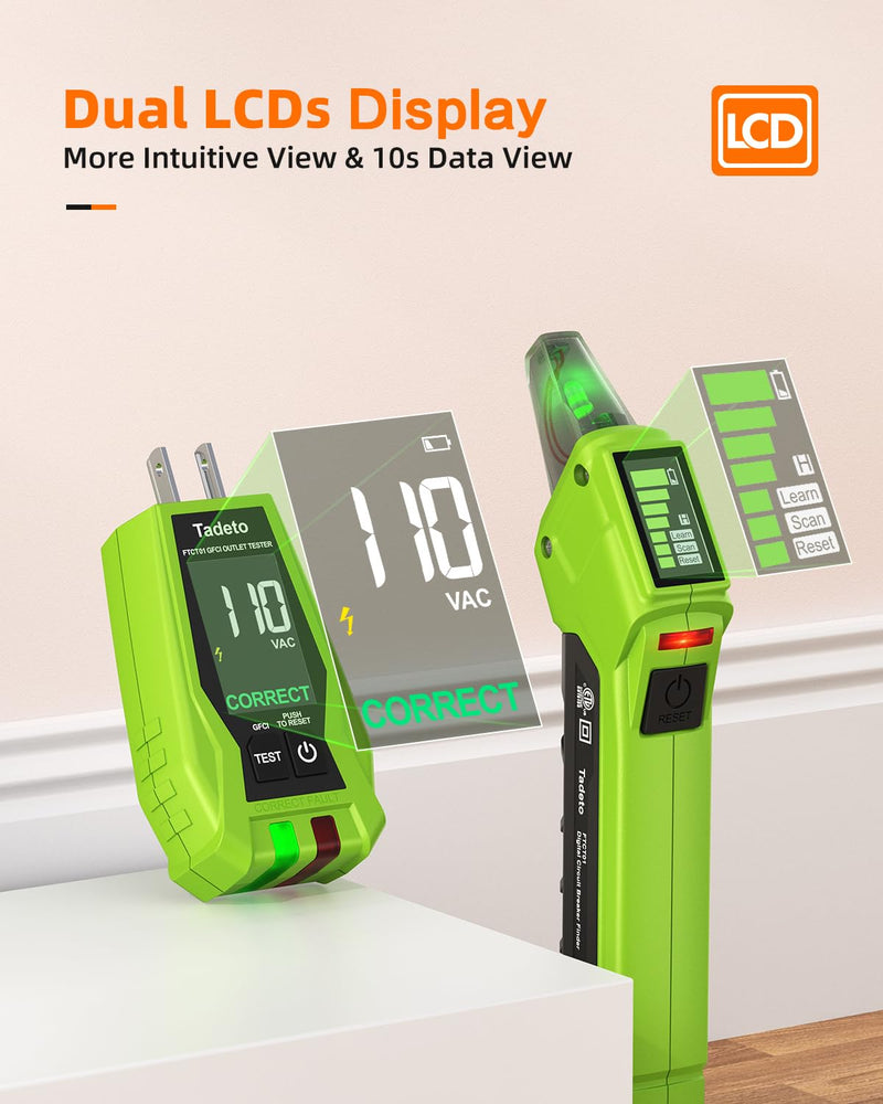 Circuit Breaker Finder with Outlet Tester, Quick GFCI, Voltage, AC 90-135V Electrical Circuit Tracer with Dual LCD Display, Batteries and Carrying Case Green2