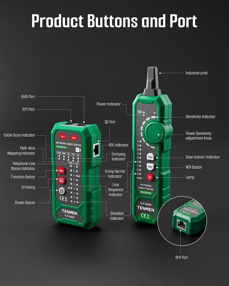 TESMEN TLP-900AR Network Cable Tester, RJ11 RJ45, for CAT5/6/POE/STP, Multi-function Cable Tracer with Pairing, Continuity, QC&NCV, Suitable for Ethernet, Telephone, Wire maintenance and sorting-Green Green