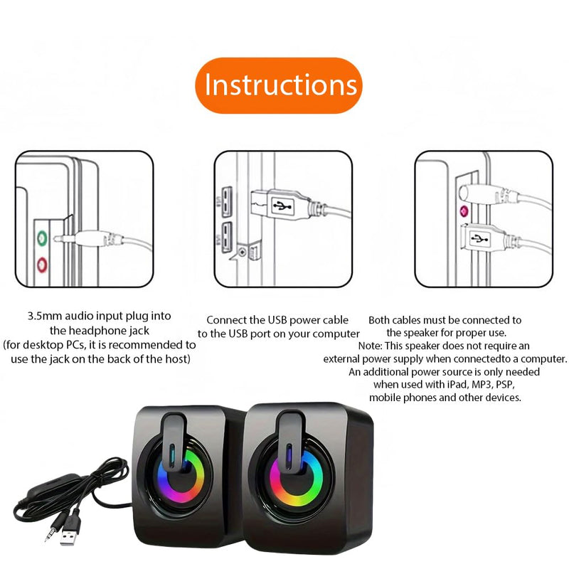 Wired RGB LED Mini Desktop Computer Speakers Pair, USB Powered Stereo with Dynamic Lighting, Compact Plug and Play for PC Laptop Gaming