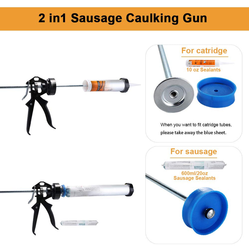 Sealant Sausage Caulking Gun with Aluminum Cartridge 600ml/20oz - 12:1 Thrust Ratio (Silver) Silver