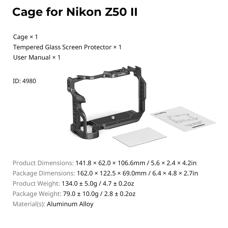 SMALLRIG Z50 II Cage for Nikon Z50 II, Aluminum Alloy Camera Cage with Dual Cold Shoe Mount, 1/4''-20 Threaded Holes, NATO Rail,QD Ports, Quick Release Plate for Arca-Swiss - 4980