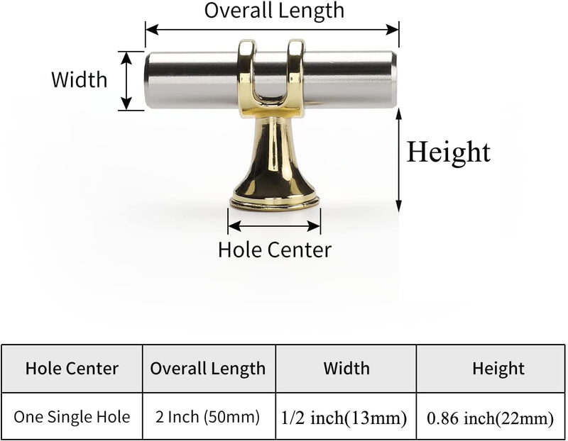 Haliwu 10 Pack Brushed Nickel Cabinet Knobs, Gold Cabinet Knobs Kitchen Handles Gold Kitchen Hardware, Single Hole Pulls T Bar Pulls 2-inch (50mm) single hole Brushed nickel&Gold