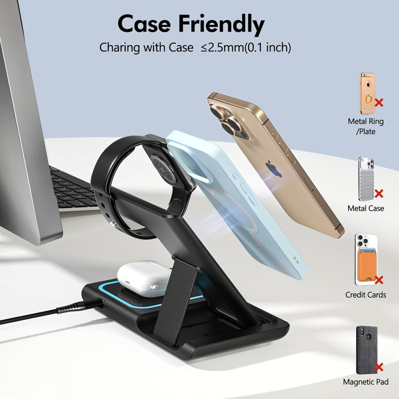 3 in 1 Wireless Charger Charging Station, Wireless Charger Stand for iPhone17 16e 16 15 14 Pro Max 13 12 11,Charging Dock for AirPods 4 3 2 Pro, Apple Watch 11/10/9/Ultra/8/SE/7/6/5/4/3 Black