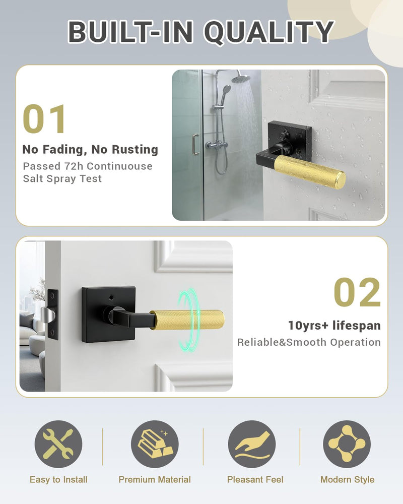 KNOBWELL 1 Pack Gold and Black Door Handle Square Doorknob with Lever Interior Door Lever for Bed and Bath (Push Button) Square Privacy Black and Gold