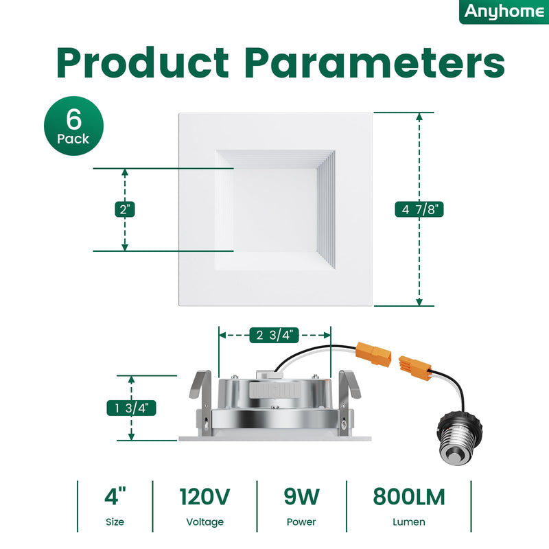 4 Inch Led Recessed Lights Square,Led Downlight Square White,with Baffle Anti-Glare,5CCT 2700K-5000K Dimmable,9W 800LM,ETL & ES(6 Pack) 6 Pack