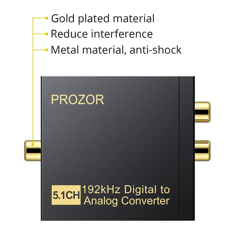 PROZOR 192Khz Digital to Analog Audio Converter Support 5.1CH Optical to RCA Converter with Magnetic Ring Power Cord Digital Toslink SPDIF to Analog L/R RCA 3.5mm Adapter for HDTV Blu-Ray DVD PS3 PS4 5.1CH Dolby Digital & DTS Decoder - Aluminum Alloy