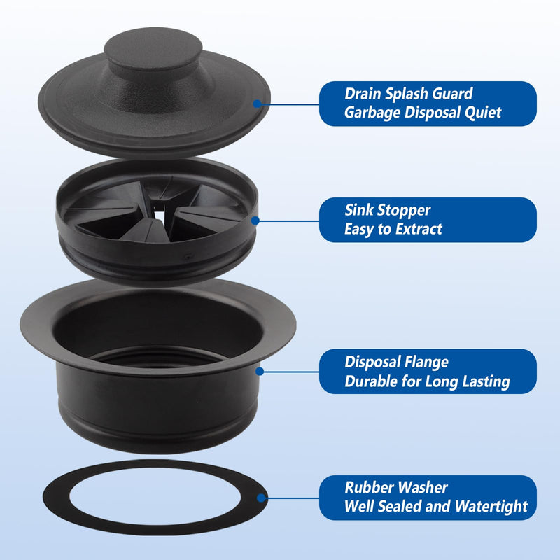 Garbage Disposal Sink Flange Kit with Garbage Disposal Stopper and Splash Guard Sink Baffle Rubber Sink Drain Seal（4 Piece Set, Fit Universal 3-1/2 Inch Standard Sink Drain Hole,Matte Black