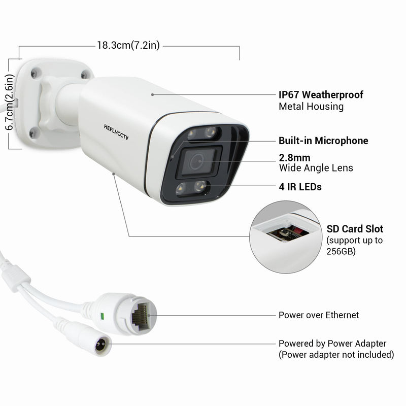 4MP POE IP Camera,Bullet Security Surveillance Wired CCTV Cameras with Human Detection One-Way Audio,Smart Color Night Vision,SD Card Slot,2.8mm Wide Angle,IP67 Waterproof Outdoor Indoor Bullet