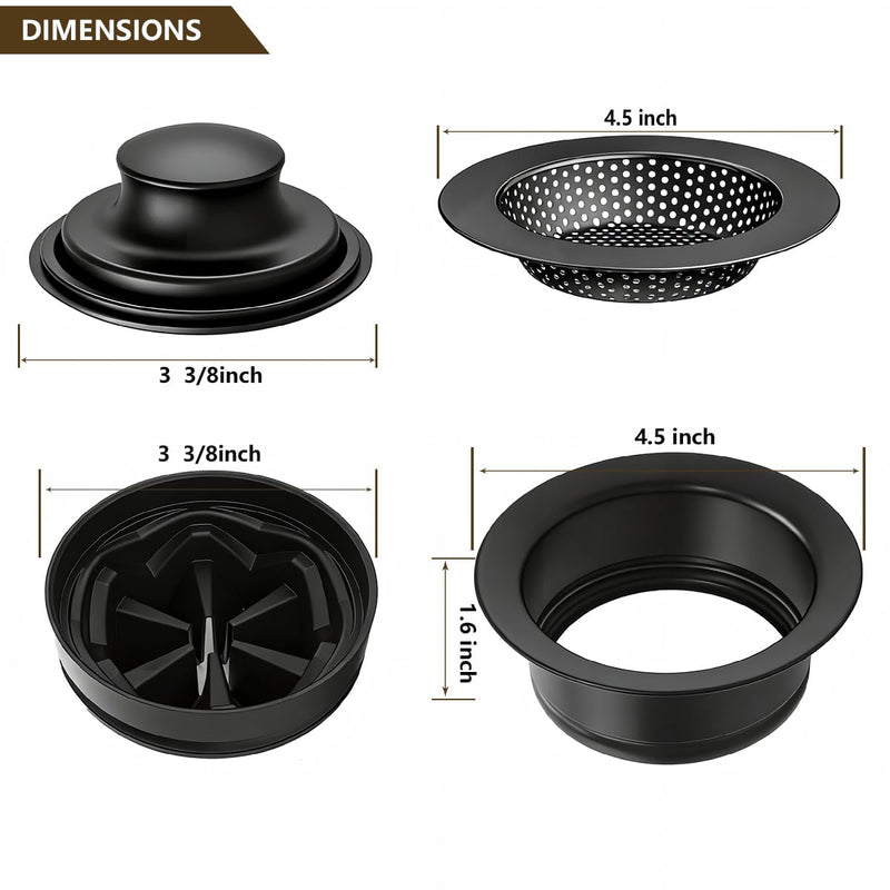 Garbage Disposal Flange 5-Piece Kit, 3.5" Putty-Free Leak-Proof Sink Stopper by UHOUSING Matte Black