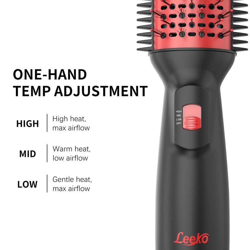 Leeko Hair Dryer Brush, 3-in-1 Hot Air Brush with 3 Temperature Settings, Lightweight Blow Dryer Brush, One-Step Hair Dryer and Styler, for Mid to Long Hair, Dual Voltage for Travel, Red
