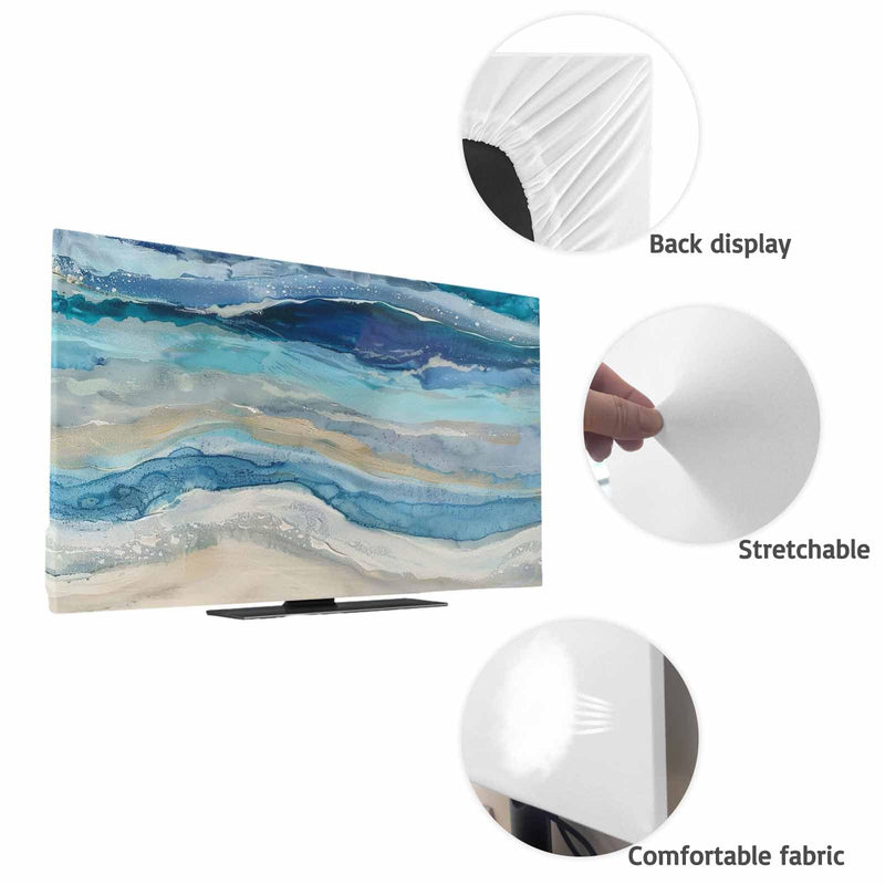 Blue Coastal TV Cover Indoor Elastic TVs Screen Protector, Summer Beach Nautical Monitor Covers Inside Dust Proof Slipcover, Modern Abstract Art 65 Inch TV Cover for Flat or Curved TVs 65"TV Blue Beige