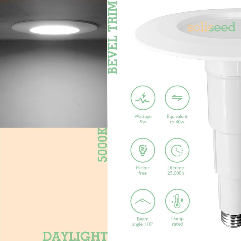 Soliseed 4 Pack 4 Inch LED Can Lights Length Adjustable Recessed Lights,Retrofit Downlight ETL Damp Rated,9W=40W,5000K Daylight,500LM,Dimmable,Easy Installation,Bevel Trim,E26 Base 5000K(Daylight) 4 Inch-4 Pack