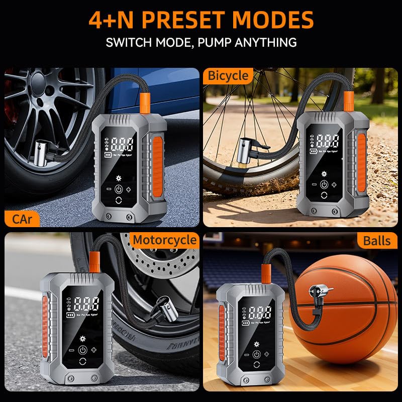 Cordless Tire Inflator Portable Air Compressor - 3600mAh Rechargeable Car Tire Pump with Digital Pressure Gauge, LED Light, Auto Shut Off, Dual Power Source for Car, Motorcycle, Bicycle, Balls Silver