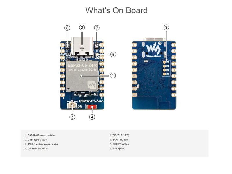 waveshare ESP32-C5 Mini 2.4GHz/5GHz Dual-Band Wi-Fi Development Board Based on ESP32-C5-HF4，Integrated Bluetooth 5 (LE),IEEE 802.15.4 (Zigbee 3.0 and Thread) Wireless Communications