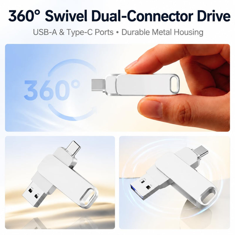 USB C Flash Drive 256GB, 2-in-1 Dual OTG Thumb Drive Memory Stick 256G, Silver Swivel Metal Jump Drive 256 GB Compatible with Type-C Smartphones, Tablets, Laptops