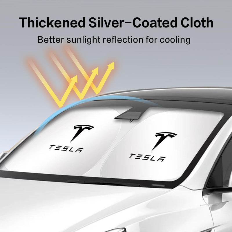 300T Sunshade for Tesla Model Y Model 3, Car Accessories 2025 for Tesla, Front Window Sunshade with Organizer Bag, Gifts for Tesla Owners (Black) Black