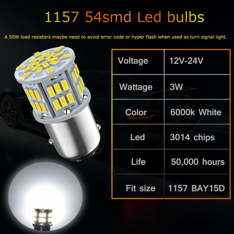 1157 Led Brake Light Bulb, 12V-24V 1157 7528 2357 2057 BAY15D LED Replacement Light Bulb for Brake Tail Light for Car RV Trailer Boat, 54SMD 3014 Chipset White light, 2PCS