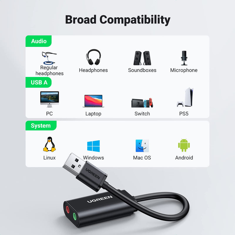 UGREEN USB to Audio Jack Sound Card Adapter with Dual TRS 3-Pole 3.5mm Headphone and Microphone USB to Aux 3.5mm External Audio Converter for Windows Mac Linux PC Laptops Desktops PS5 Switch 2 black