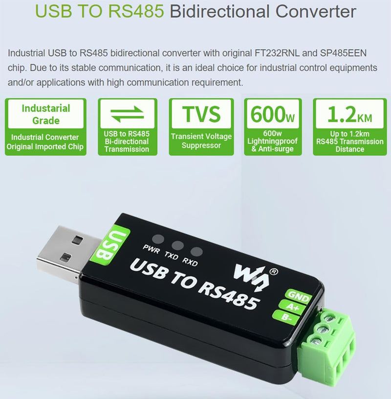 [AUSTRALIA] - Waveshare 2PCS Industrial USB to RS485 Bidirectional Converter Adapter Board with Original FT232RNL and SP485EEN Chip Fast Communication up to 1.2km Transmission Distance Embed Protection Circuits