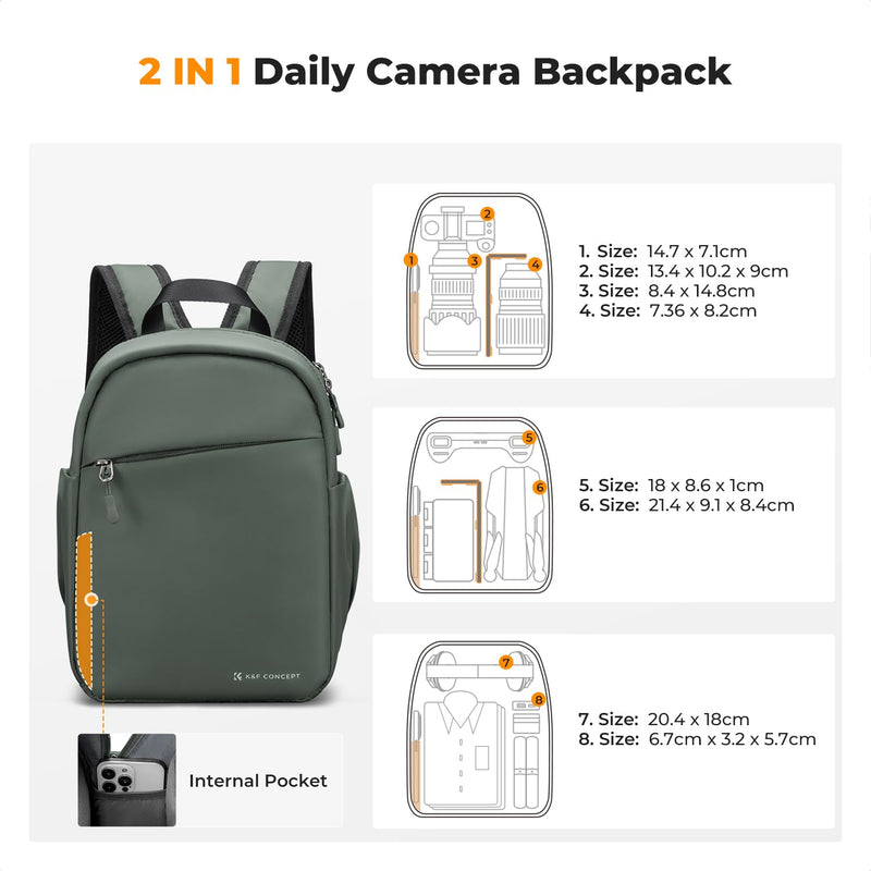 K&F CONCEPT Camera Backpack, Lightweight Compact Camera Bag 5L | Water-Resistant, Dividers, 9.7in Tablet Compartment, Quick Access, Street & Urban, Men & Women, for Canon/Nikon/Sony, Green Green-02 Backpack-5L